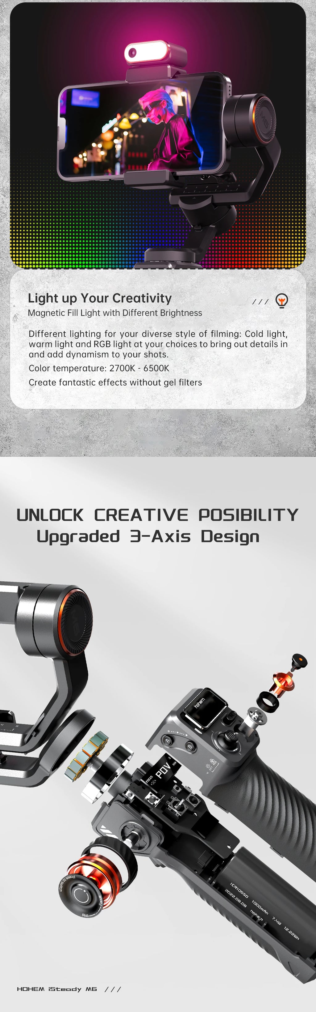 Hohem iSteady M6 3-Axis Gimbal Stabilizer Foldable Selfie Stick With APP Control&Magnetic Fill Light for Smartphone Cell Phone